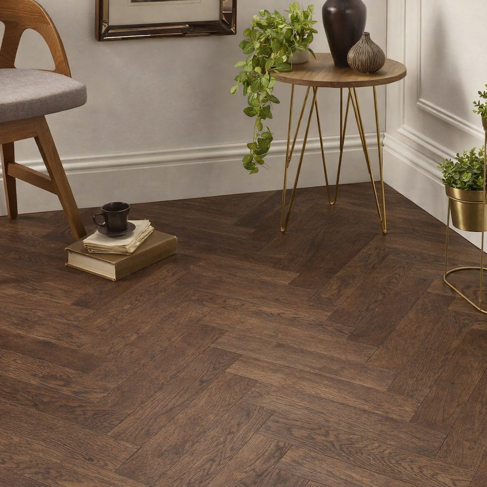 Herringbone Engineered Oak Flooring Settle Coffee Smoked 90mm 14mm